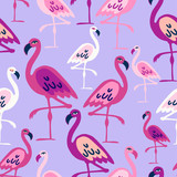 Modern seamless vector tropical colourful pattern with pink flamingos. Can be used for printing on paper, stickers, badges, bijouterie, cards, textiles. 
