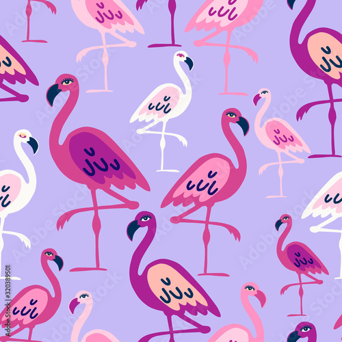 Modern seamless vector tropical colourful pattern with pink flamingos. Can be used for printing on paper, stickers, badges, bijouterie, cards, textiles. 