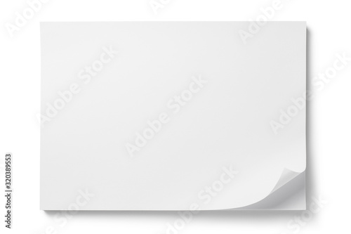 Blank paper sheet with a curved corner on a stack of papers, isolated on white background
