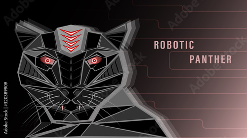 Futuristic head black robotic panther whith red eyes