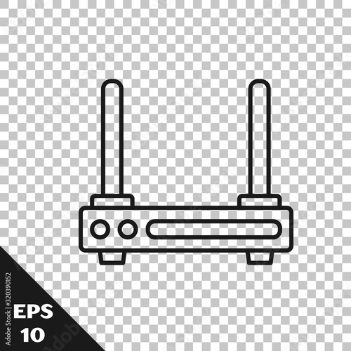 Black line Router and wi-fi signal symbol icon isolated on transparent background. Wireless ethernet modem router. Computer technology internet. Vector Illustration