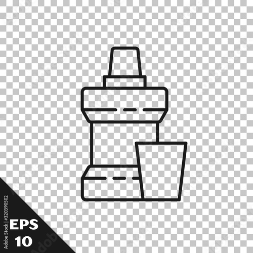 Black line Mouthwash plastic bottle and glass icon isolated on transparent background. Liquid for rinsing mouth. Oralcare equipment. Vector Illustration