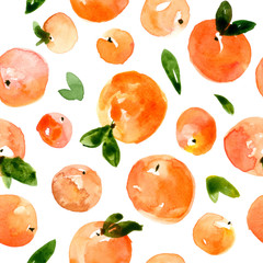 Papier peint photo Fruits aquarelle patrons Pêches abricots feuilles vertes motif  © kate