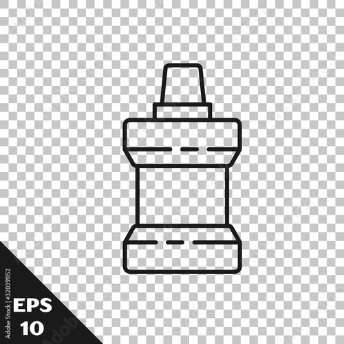 Black line Mouthwash plastic bottle icon isolated on transparent background. Liquid for rinsing mouth. Oralcare equipment. Vector Illustration