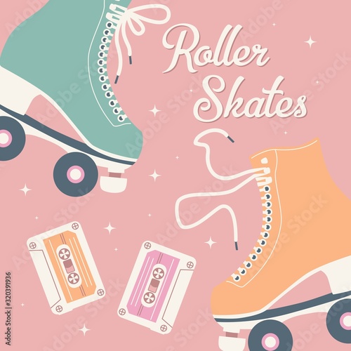 Hand drawn illustration with retro roller skates and cassette tapes. Colorful vector illustration