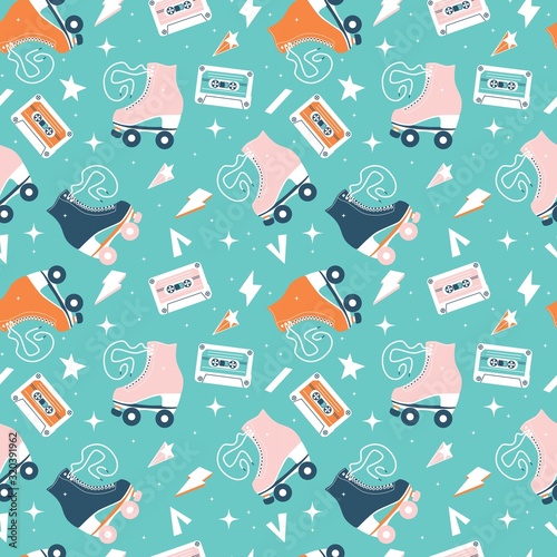 Seamless pattern with roller skates and cassette tapes. Retro hand drawn laced boots, colorful vector illustration