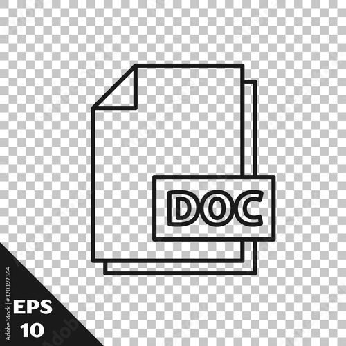 Black line DOC file document. Download doc button icon isolated on transparent background. DOC file extension symbol. Vector Illustration