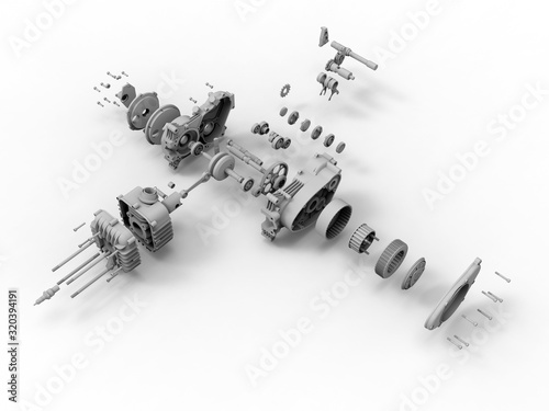 3D rendering - exploded view of a mechanical assembly