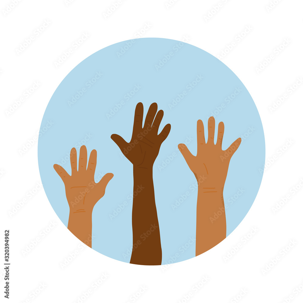 Volunteers hands up concept. Vector simple design