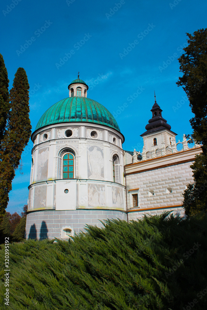 Krasiczyn, Poland - 11 October 2013: A look from the outside at Krasicki Castle in Krasiczyn, near Przemysl. The castle was built between 1598 and 1633 in the late Renaissance style. Krasiczyn, Poland - 11 October 2013: A look from the outside at Krasicki Castle in Krasiczyn, near Przemysl. The castle was built between 1598 and 1633 in the late Renaissance style.