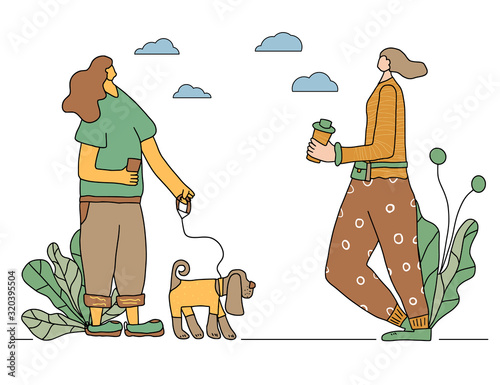 Dog walking. Human person with dog. Vector design.