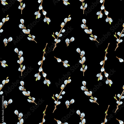 Watercolor seamless pattern. Delicate willow branches on a black background. Ideal for printing onto fabric, wrapping paper. For cards for Easter and the eighth of March. Suitable for social networks