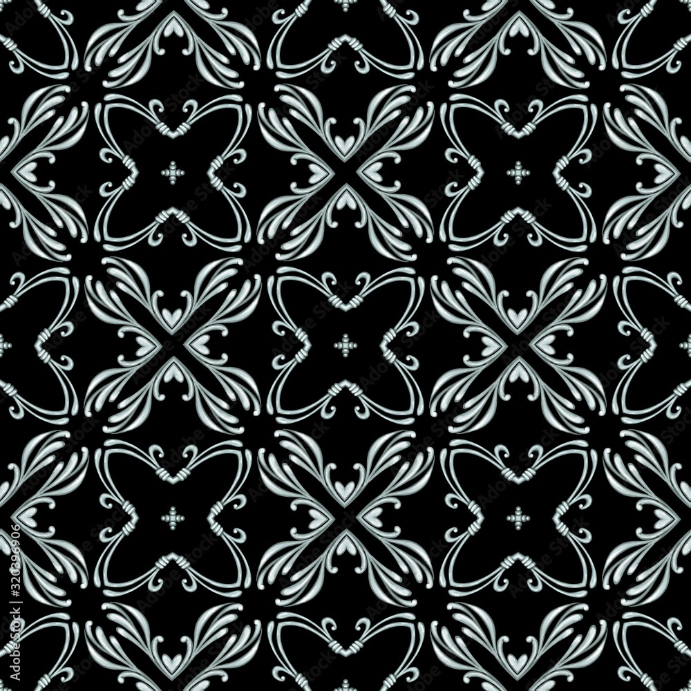 Seamless black pattern with decorative silver scrolls Seamless black pattern with decorative silver scrolls