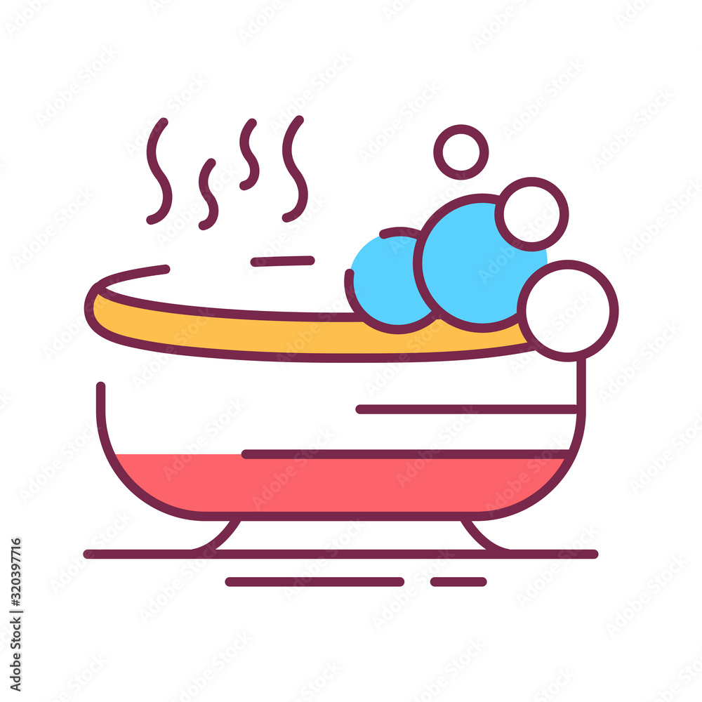 Relaxing bath color line icon. Special hot bath for relax and reducing stress. Pictogram for web page, mobile app, promo. UI UX GUI design element. Editable stroke. Relaxing bath color line icon. Special hot bath for relax and reducing stress. Pictogram for web page, mobile app, promo. UI UX GUI design element. Editable stroke.