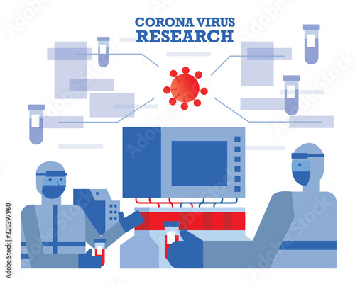 Medics in hazmat suits research coronavirus and finding coronavirus vaccine in the lab. Flat design vector illustration