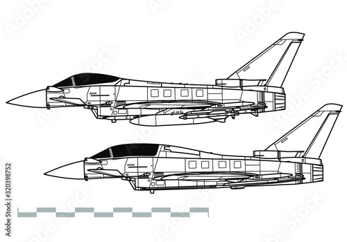 Eurofighter TYPHOON. Vector drawing of modern military aircraft. Side view. Image for illustration.