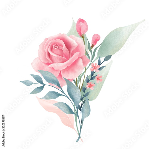 Watercolor flowers and leaves. Botanic composition for wedding or greeting card.