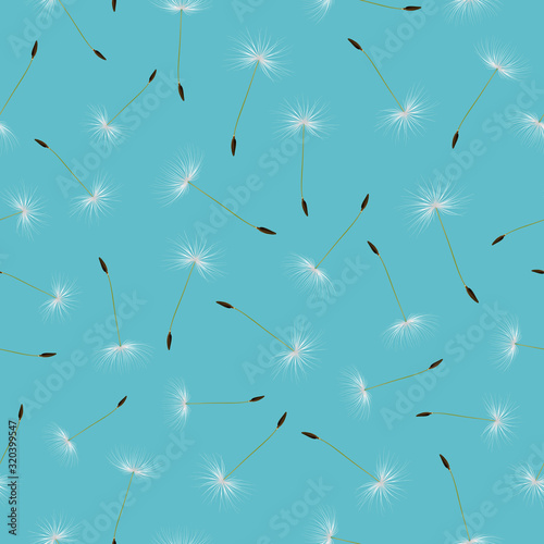 Fototapeta Vector Realistic Decorative Seamless Pattern with Dandelion Seed Scattered Random on Blue Background. Nature Floral Spring Summer. Endless Botanical Floral Decoration Texture for Wallpaper, Fabric