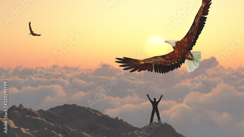 Tableau sur toile Man on a mountain peak. Eagle flies above clouds. Freedom