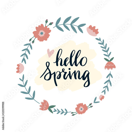 Hand drawn spring wreaths with text Hello  lettering. Spring flowers with hygge branches and cozy leaves  spring time scandinavian style concept
