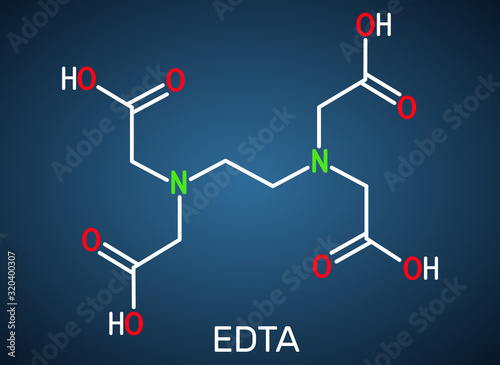 Ethylenediaminetetraacetic acid, edetic acid, EDTA molecule. It is a lead chelator and anti-coagulant. Structural chemical formula on the dark blue background photo