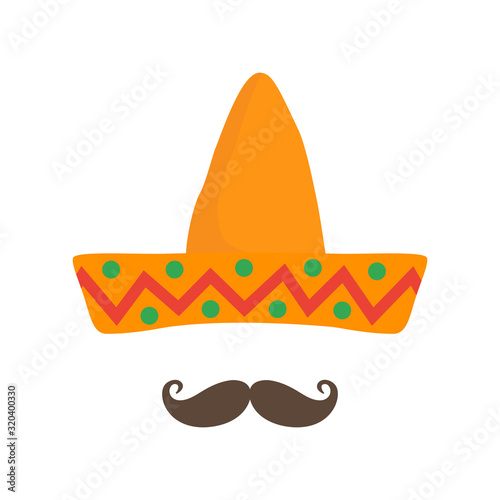 Mexican sombrero hat. Cinco de Mayo hat. Traditional mexican hat with mustache vector web icon isolated on white background, EPS 10, top view