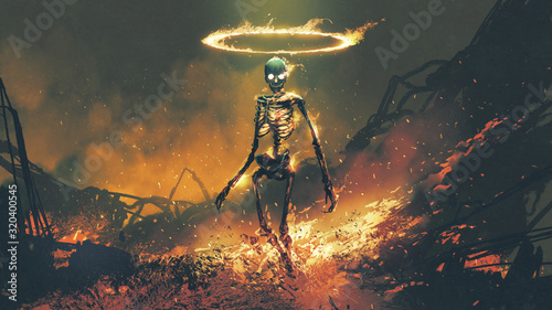 Leinwand Poster horror character of demon skeleton with fire flames in hellfire, digital art sty