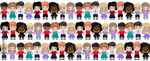 Seamless background with happy children of different races and colors hold hands and smile. Color vector illustration on white background