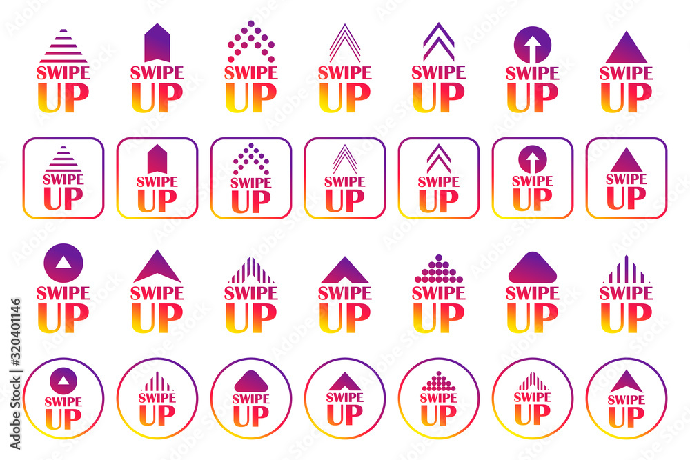 Swipe up icon set modern style isolated on background for story design, scroll pictograms. Arrow up logo for a blogger. Vector illustration.