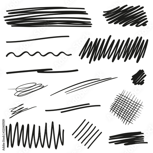 Hand drawn underline on white. Abstract underlines with array of lines. Stroke chaotic patterns. Black and white illustration. Sketchy elements for posters and flyers