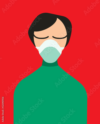 Cute simple flat vector illustration of young sad Asian man in protective respiratory face mask. Chinese epidemic Coronavirus disease. Global health problem in China