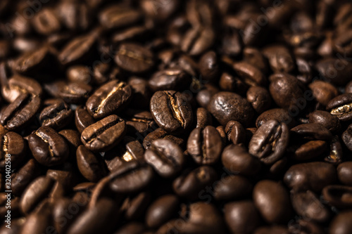 Macro image of coffee beans, small depth of field, selective focus