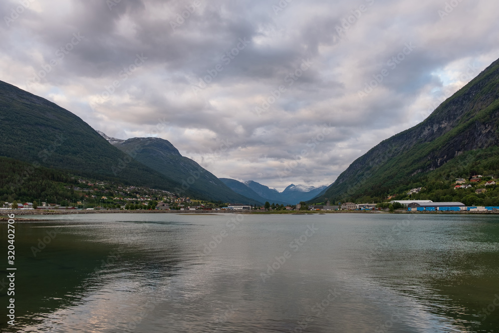 Oldedalen valley - one of the most spectacular areas of natural beauty in Norway. Panorama of town Stryn and river Strynselva. July 2019