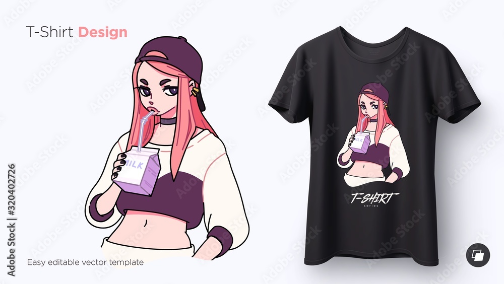 T-shirt design of stylish cool girl drinking her milk. Anime style  illustration for t-shirts, posters, sweatshirts and souvenirs Stock Vector  | Adobe Stock