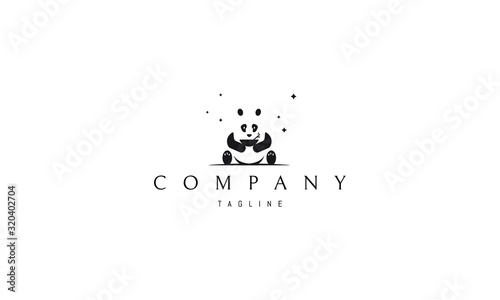 Vector logo on which an abstract image of a sitting panda with a bowl in his hands.