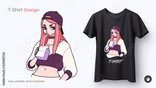 T-shirt design of stylish cool girl drinking her milk. Anime style illustration for t-shirts, posters, sweatshirts and souvenirs