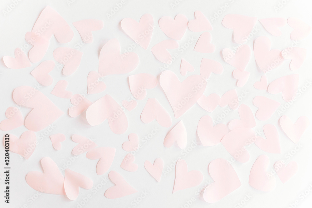 Happy valentines day. Cute pink pastel hearts on white paper background. Flat lay. Pink paper heart cutouts on white backdrop, gentle image, greeting card. Valentine pattern Happy valentines day. Cute pink pastel hearts on white paper background. Flat lay. Pink paper heart cutouts on white backdrop, gentle image, greeting card. Valentine pattern