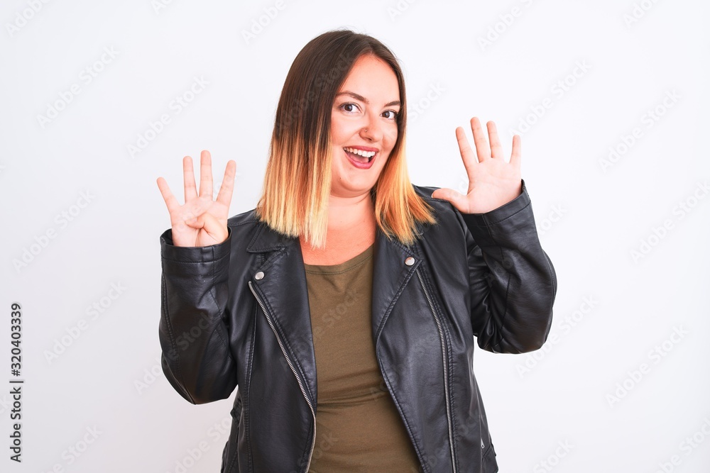 Young beautiful woman wearing t-shirt and jacket standing over isolated white background showing and pointing up with fingers number nine while smiling confident and happy. Young beautiful woman wearing t-shirt and jacket standing over isolated white background showing and pointing up with fingers number nine while smiling confident and happy.