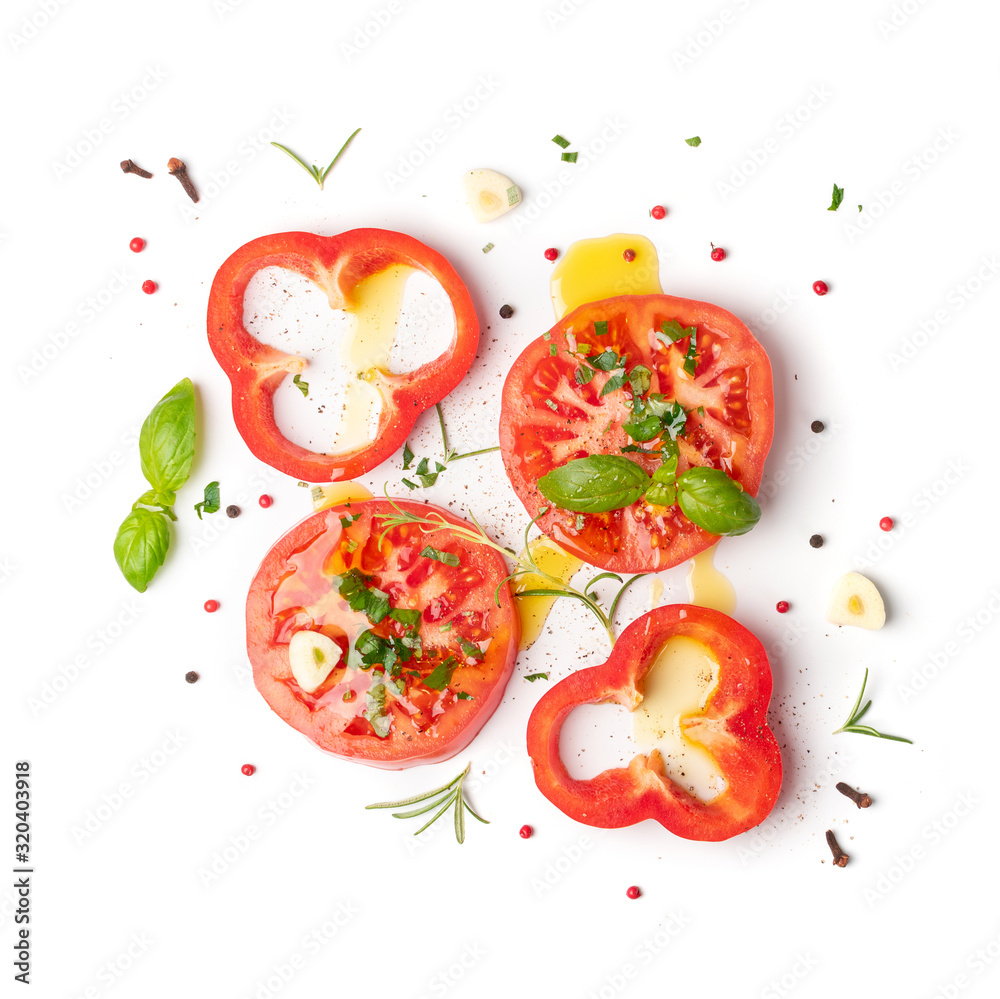 Sliced Tomatoes and Basil Top View and Flat Lay Sliced Tomatoes and Basil Top View and Flat Lay