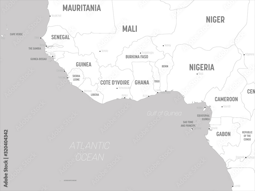 Western Africa map - white lands and grey water. High detailed political map of western african and Bay of Guinea region with country, capital, ocean and sea names labeling