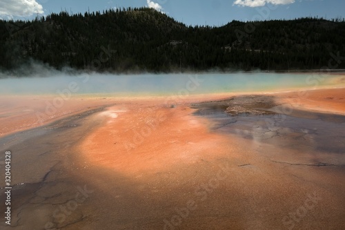 Grand Prismatic Spring, hot spring and Yellowstone Lake in Yellowstone National Park, Wyoming, Montana, Idaho, USA