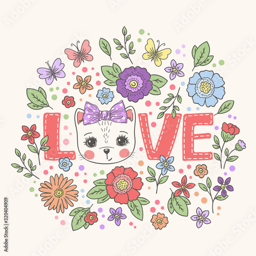 Cute cat girl face with flowers, butterfly. Love slogan. Hand drawn vector illustration