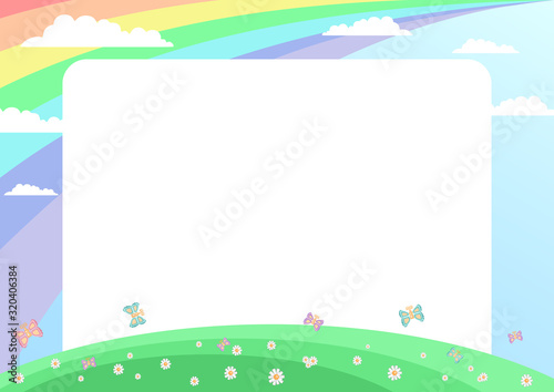 children's background, lawn with flowers and butterflies, in the blue sky the sun and the rainbow. The template for the ad, diploma, certificate, brochure, frame. Vector illustration
