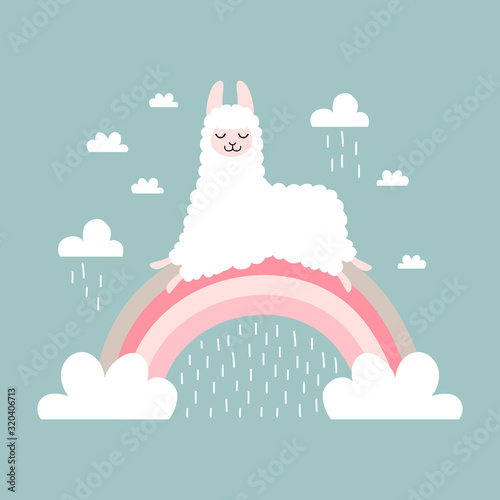Cute cartoon llama on the rainbow with clouds