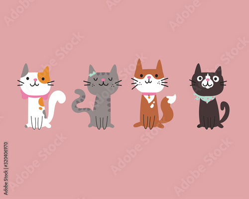 Set of different cartoon cats.Four lovely kittens sitting together.Hand drawn pets.Vector flat cartoon illustration isolated on pink background.Template design.