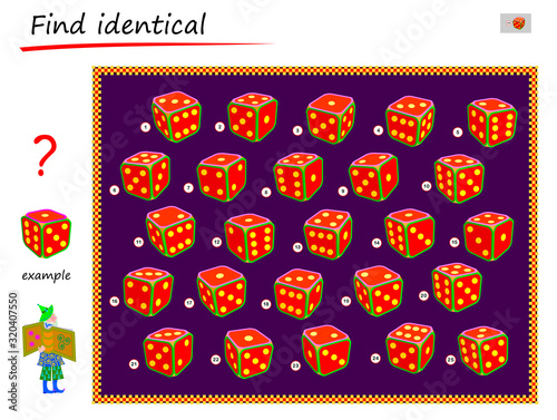 Logical puzzle game for children and adults. Need to find dice identical the example. Printable page for kids brain teaser book. Developing spatial thinking skills. IQ test. Vector cartoon image.