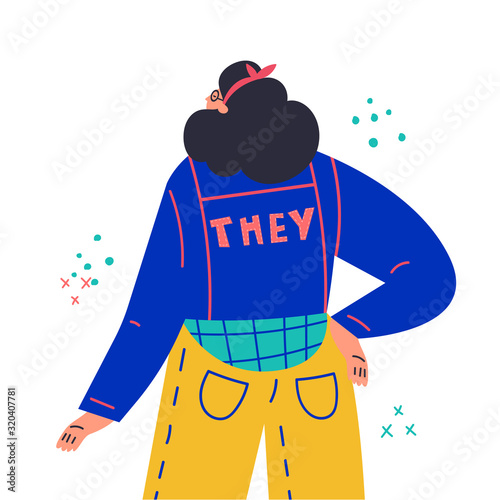 Young woman standing,look from the back.Inscription They on jacket.Gender-neutral movement.Girl without gender stereotypes.Flat cartoon character on white background.Colorful vector illustration photo