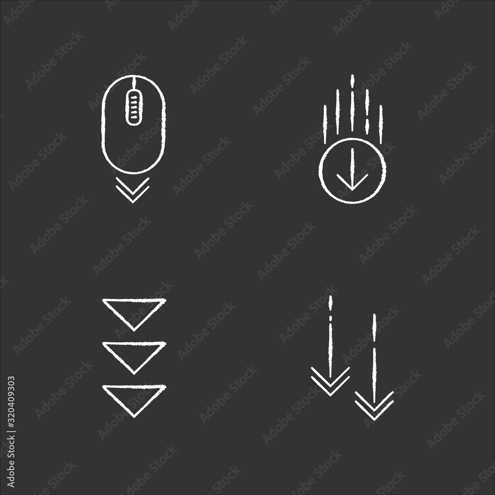 Scrolling down chalk white icons set on black background. Moving arrows