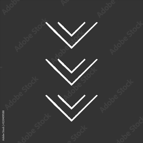 Scrolling down button chalk white icon on black background. Three downward arrows for mobile app interface. Arrowheads, scrolldown web cursor. Isolated vector chalkboard illustration