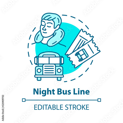 Night bus line concept icon. Rest on the way idea thin line illustration. Sleeping tourist, international autobus and travel tickets vector isolated outline RGB color drawing. Editable stroke